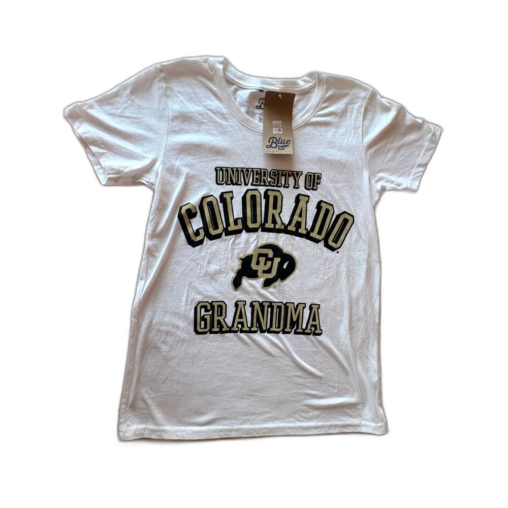 University of Colorado Grandma White T-Shirt Bull Logo Blue 84 NEW Size Small